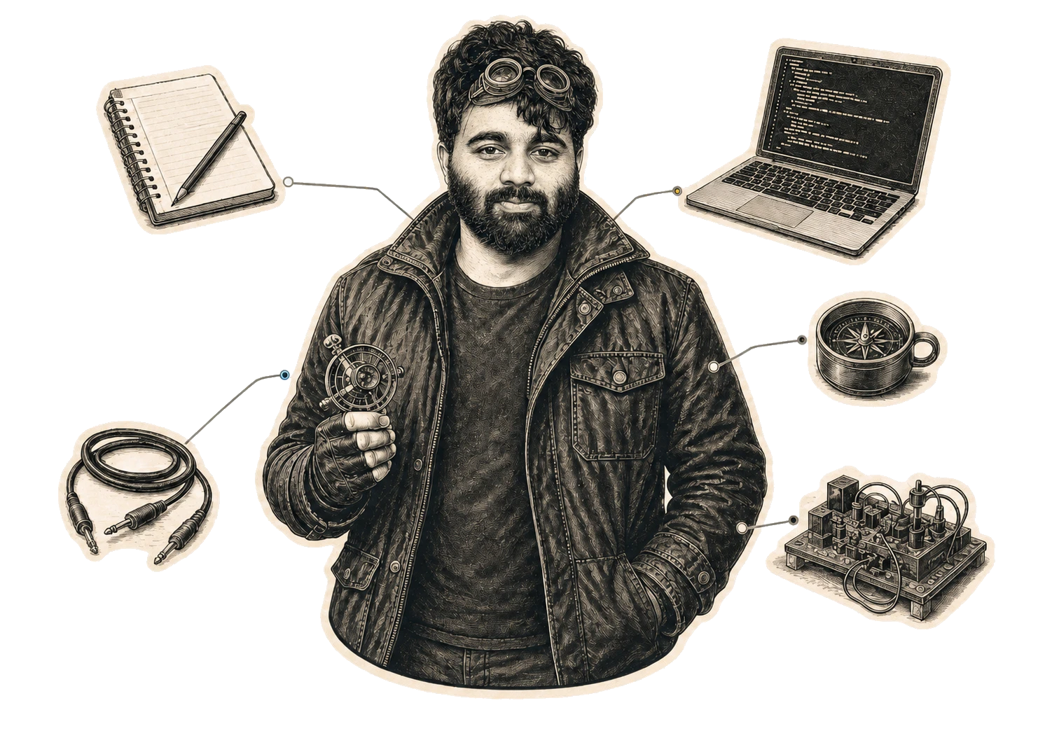 Etched illustration of Ajay surrounded by floating tools: notebook, laptop, cables, compass mug, and a circuit rig