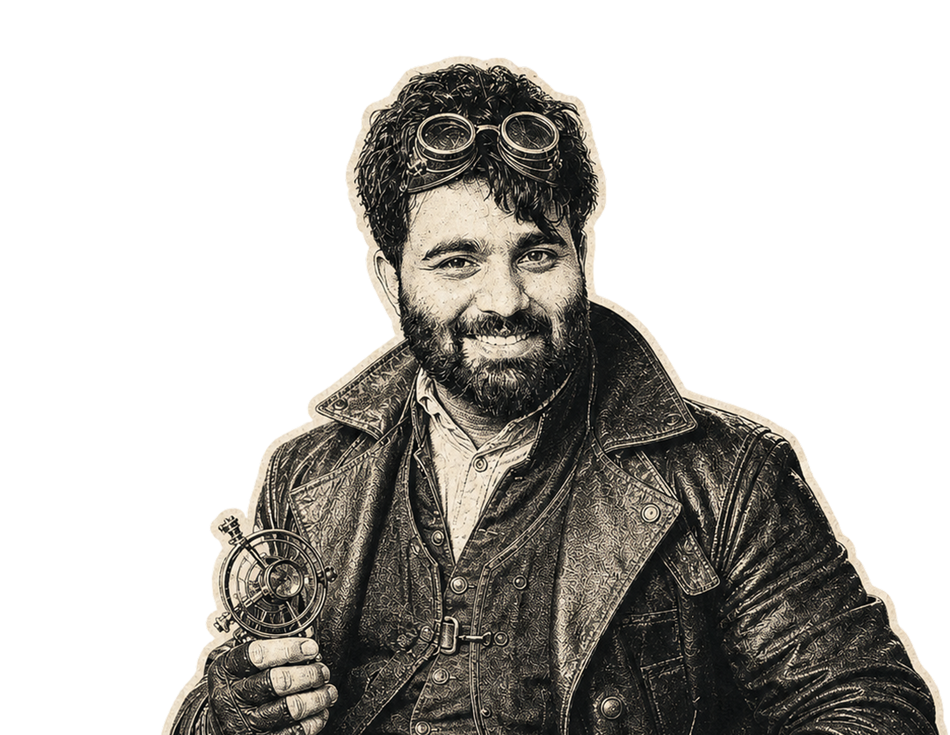 Etched portrait of Ajay in goggles and a leather coat